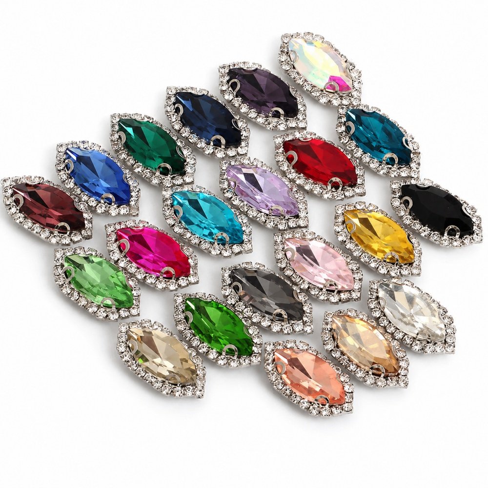 Marquise Glass Halo Sew-on Rhinestone Buckles 7x15mm with White K & Gold Base gallery image 1 Marquise Glass Halo Sew-on Rhinestone Buckles 7x15mm with White K & Gold Base gallery image 1