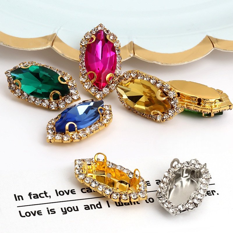 Marquise Glass Halo Sew-on Rhinestone Buckles 7x15mm with White K & Gold Base gallery image 2 Marquise Glass Halo Sew-on Rhinestone Buckles 7x15mm with White K & Gold Base gallery image 2