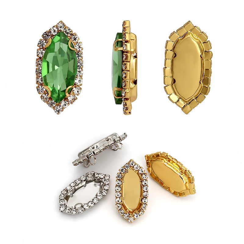 Marquise Glass Halo Sew-on Rhinestone Buckles 7x15mm with White K & Gold Base gallery image 3 Marquise Glass Halo Sew-on Rhinestone Buckles 7x15mm with White K & Gold Base gallery image 3