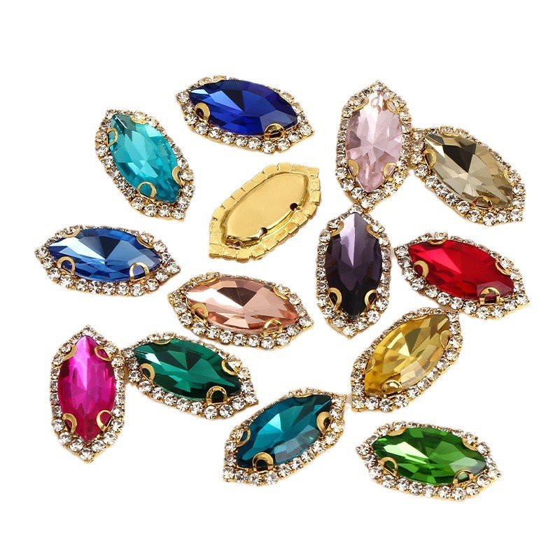 Marquise Glass Halo Sew-on Rhinestone Buckles 7x15mm with White K & Gold Base gallery image 4 Marquise Glass Halo Sew-on Rhinestone Buckles 7x15mm with White K & Gold Base gallery image 4