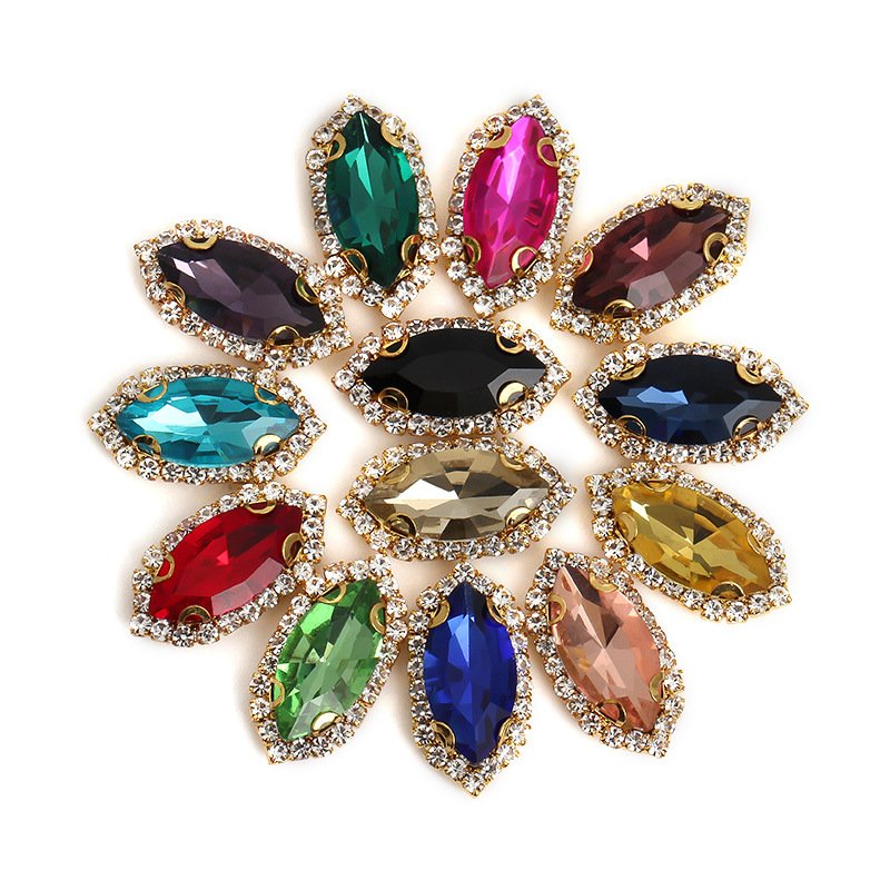 Marquise Glass Halo Sew-on Rhinestone Buckles 7x15mm with White K & Gold Base main image Marquise Glass Halo Sew-on Rhinestone Buckles 7x15mm with White K & Gold Base main image