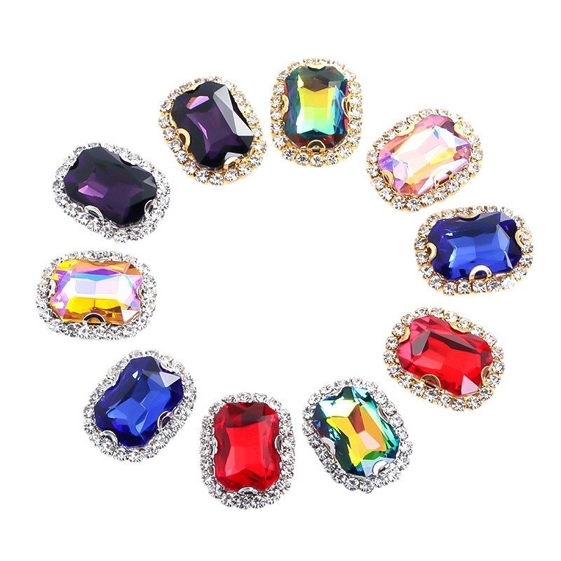 Rectangle Glass Halo Sew-on Rhinestone Buckles with White K & Gold Base gallery image 3 Rectangle Glass Halo Sew-on Rhinestone Buckles with White K & Gold Base gallery image 3