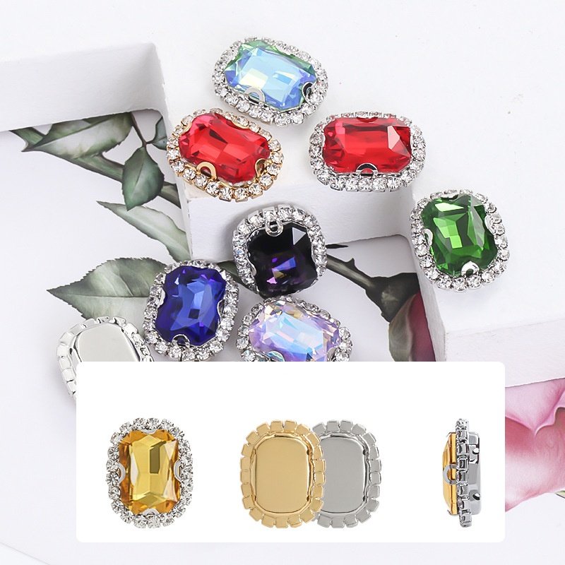Rectangle Glass Halo Sew-on Rhinestone Buckles with White K & Gold Base gallery image 2 Rectangle Glass Halo Sew-on Rhinestone Buckles with White K & Gold Base gallery image 2