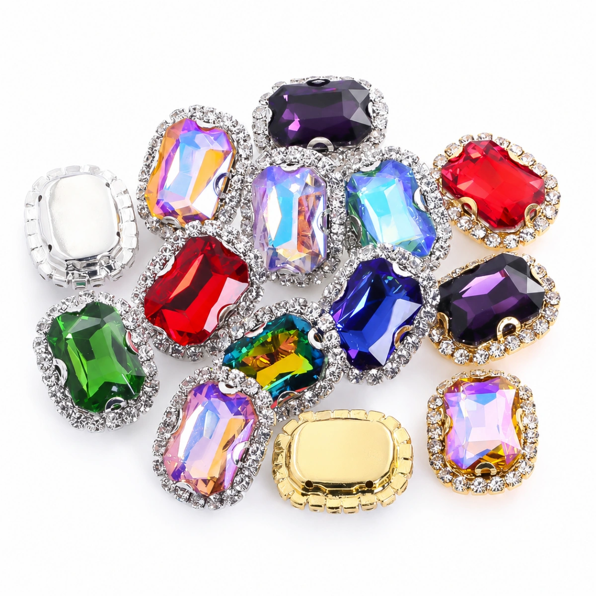 Rectangle Glass Halo Sew-on Rhinestone Buckles with White K & Gold Base main image Rectangle Glass Halo Sew-on Rhinestone Buckles with White K & Gold Base main image